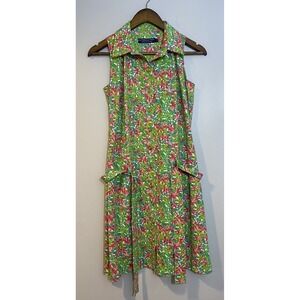 Katherine Way Dress Women's Small Green Floral A-Line Belted Sleeveless Buttoned